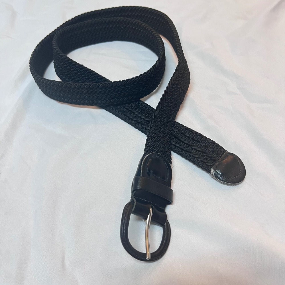 Black Braided Woven Elastic Stretch Belt Silver Buckle Unisex 44 Inch